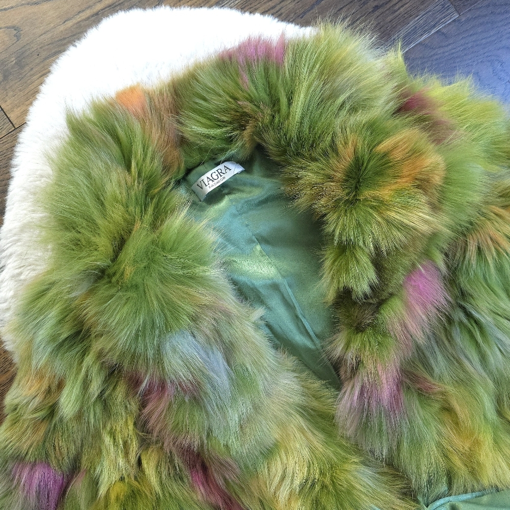 Vintage Y2K Rainbow Multicolored Ombre Fur Bow Crop Jacket - Picture 3 of 9